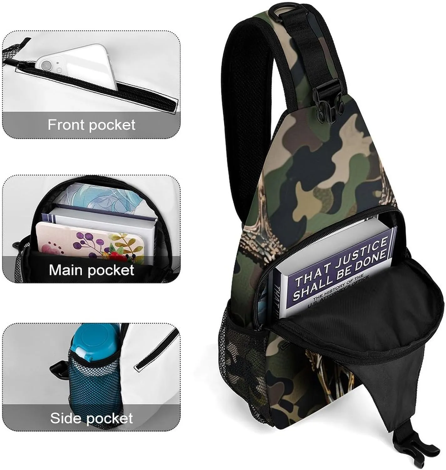Ultra Lightweight Sling Shoulder Backpack Shoulder Crossbody Bag Chest Pack Multipurpose Anti-Theft Daypack for Outdoors Camping Hiking Trekking, Goth Hunting Camo Deer Skull Art