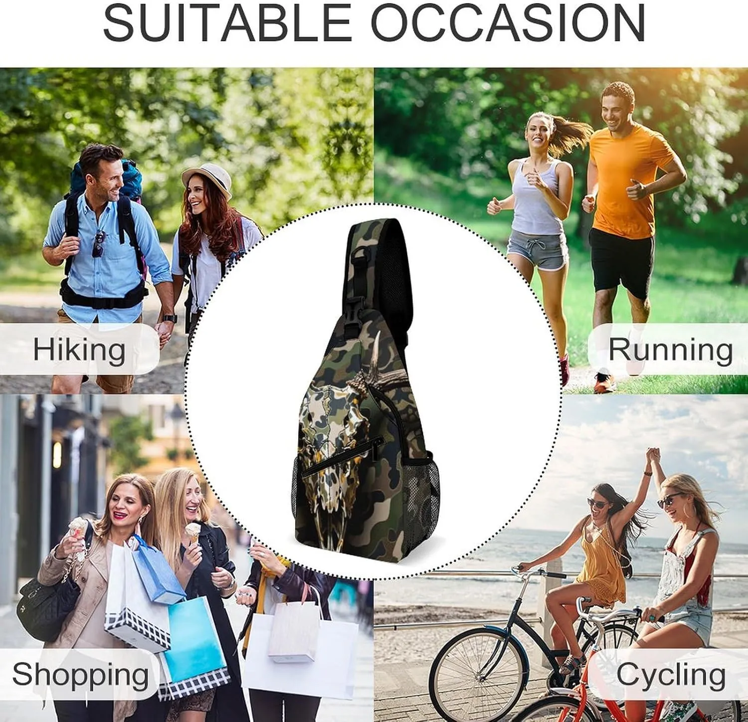 Ultra Lightweight Sling Shoulder Backpack Shoulder Crossbody Bag Chest Pack Multipurpose Anti-Theft Daypack for Outdoors Camping Hiking Trekking, Goth Hunting Camo Deer Skull Art