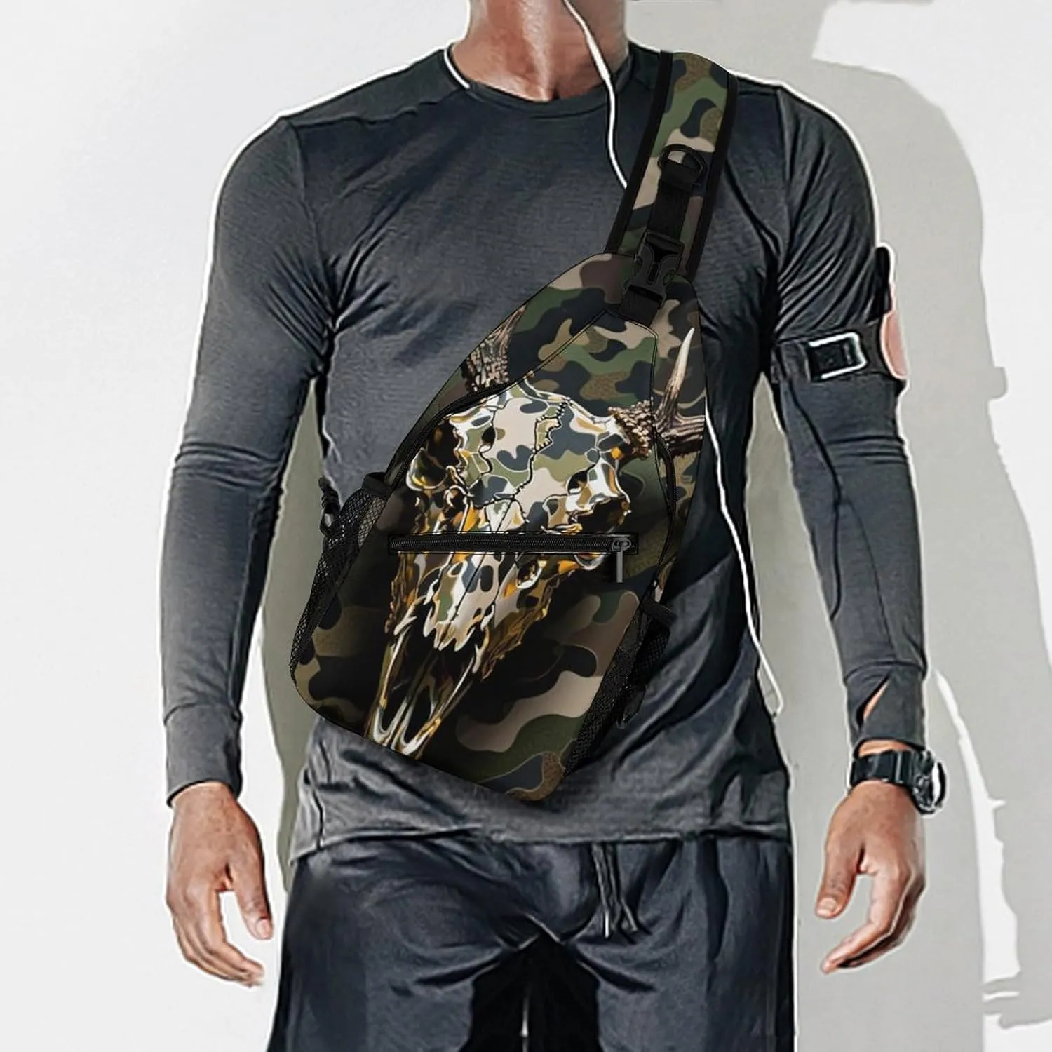 Ultra Lightweight Sling Shoulder Backpack Shoulder Crossbody Bag Chest Pack Multipurpose Anti-Theft Daypack for Outdoors Camping Hiking Trekking, Goth Hunting Camo Deer Skull Art