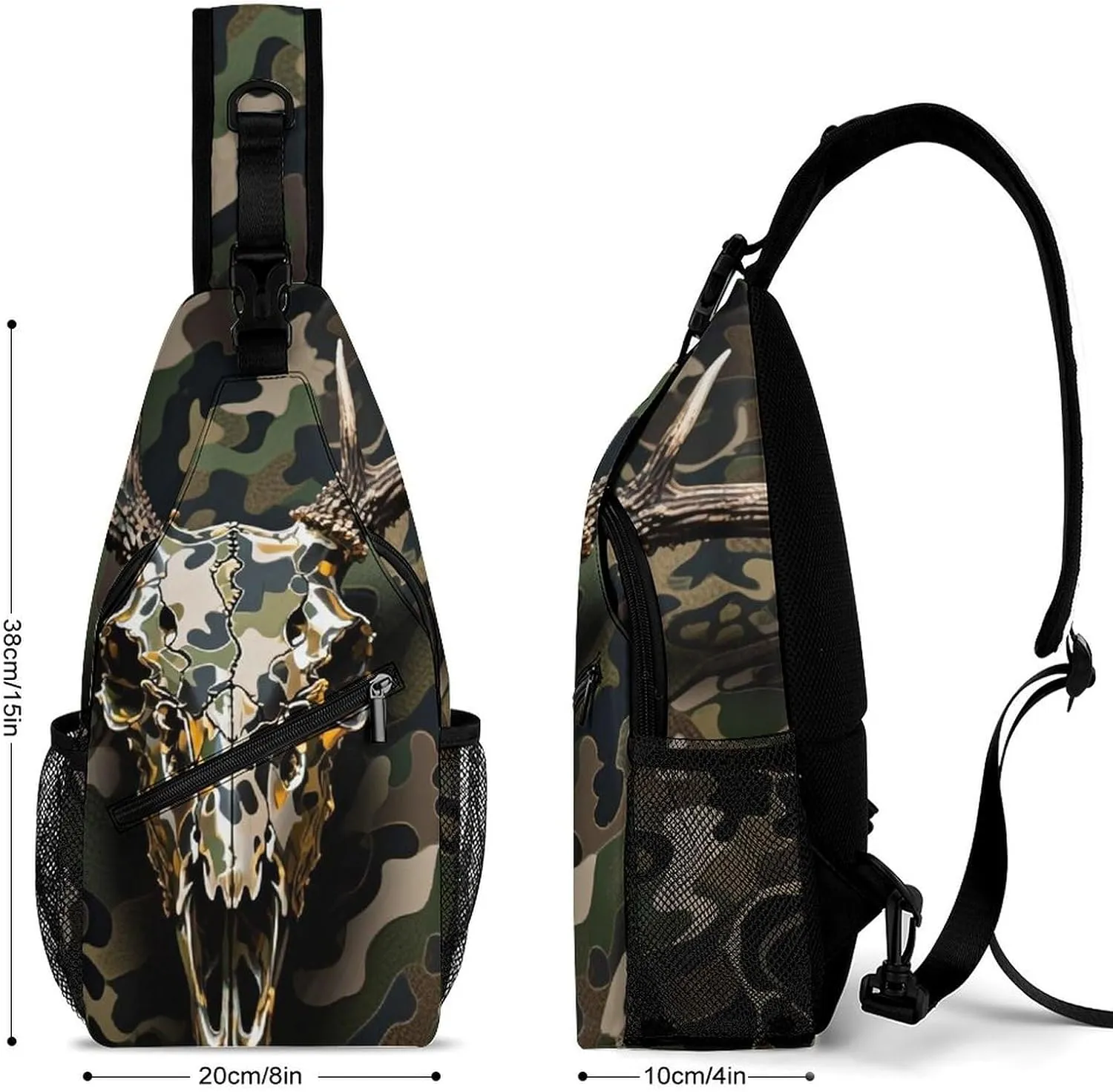 Ultra Lightweight Sling Shoulder Backpack Shoulder Crossbody Bag Chest Pack Multipurpose Anti-Theft Daypack for Outdoors Camping Hiking Trekking, Goth Hunting Camo Deer Skull Art