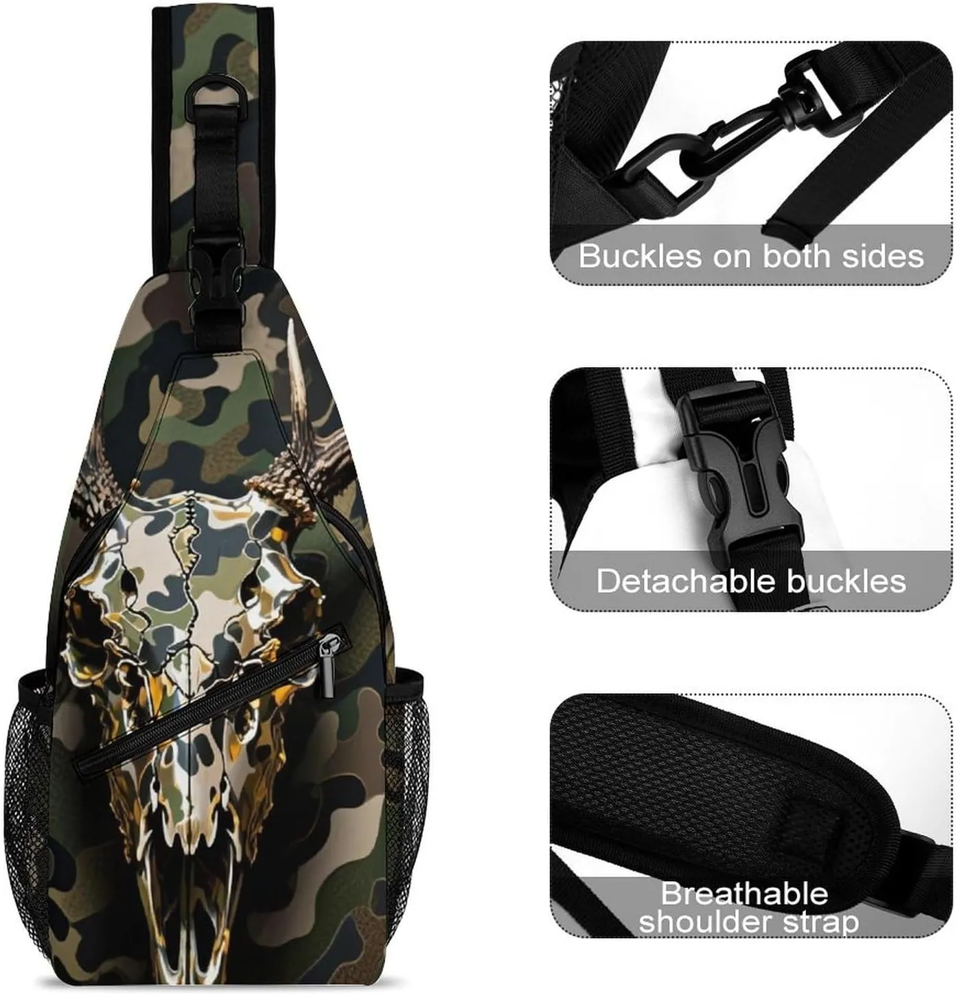 Ultra Lightweight Sling Shoulder Backpack Shoulder Crossbody Bag Chest Pack Multipurpose Anti-Theft Daypack for Outdoors Camping Hiking Trekking, Goth Hunting Camo Deer Skull Art