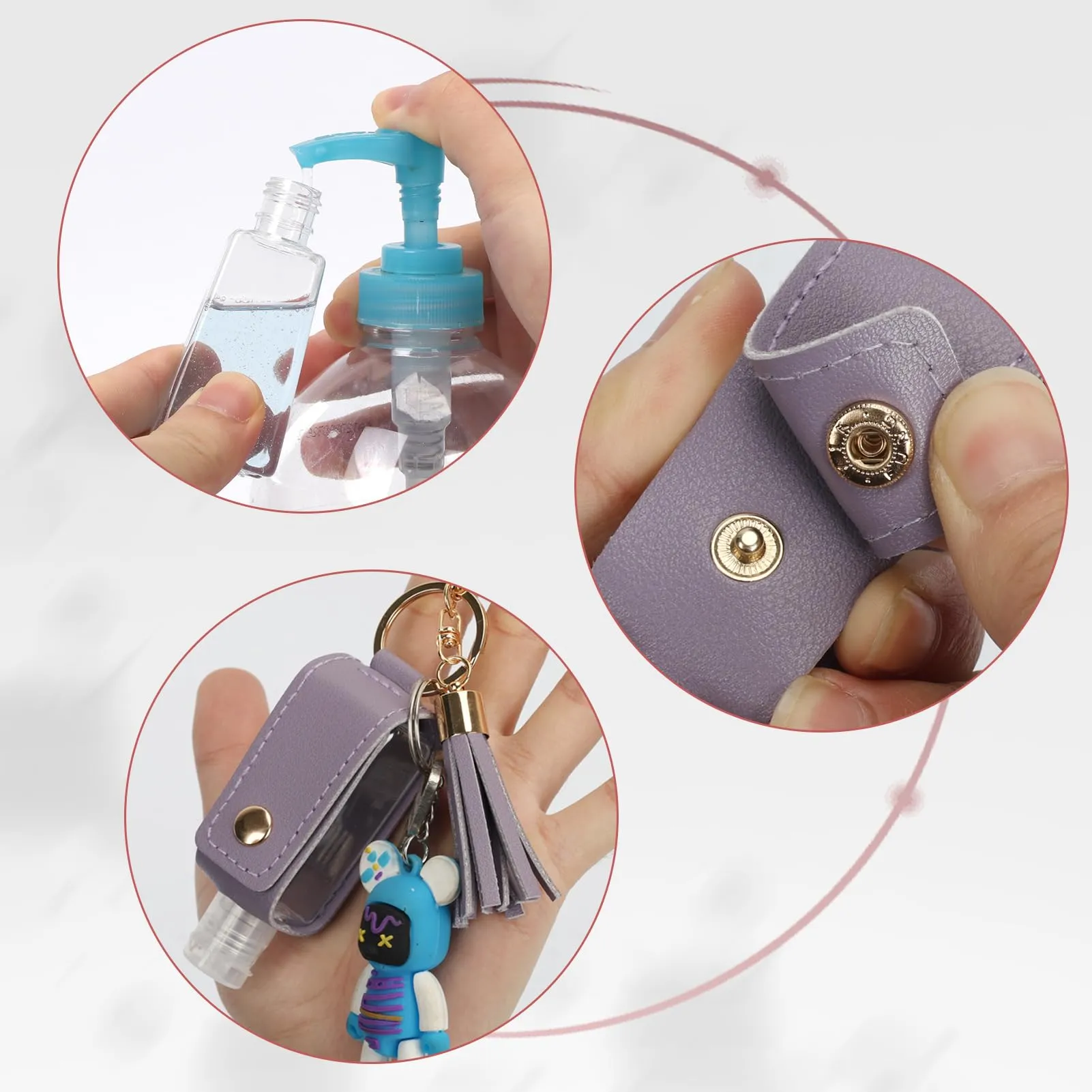 Unaone 1oz/30ml Hand Sanitizer Holder Travel Size, Empty Bottle Leather Sanitizer Holder with Keychain Portable Small Squeeze Bottle Refillable Container for Toiletry Lotion Liquid Soap Shampoo Purple