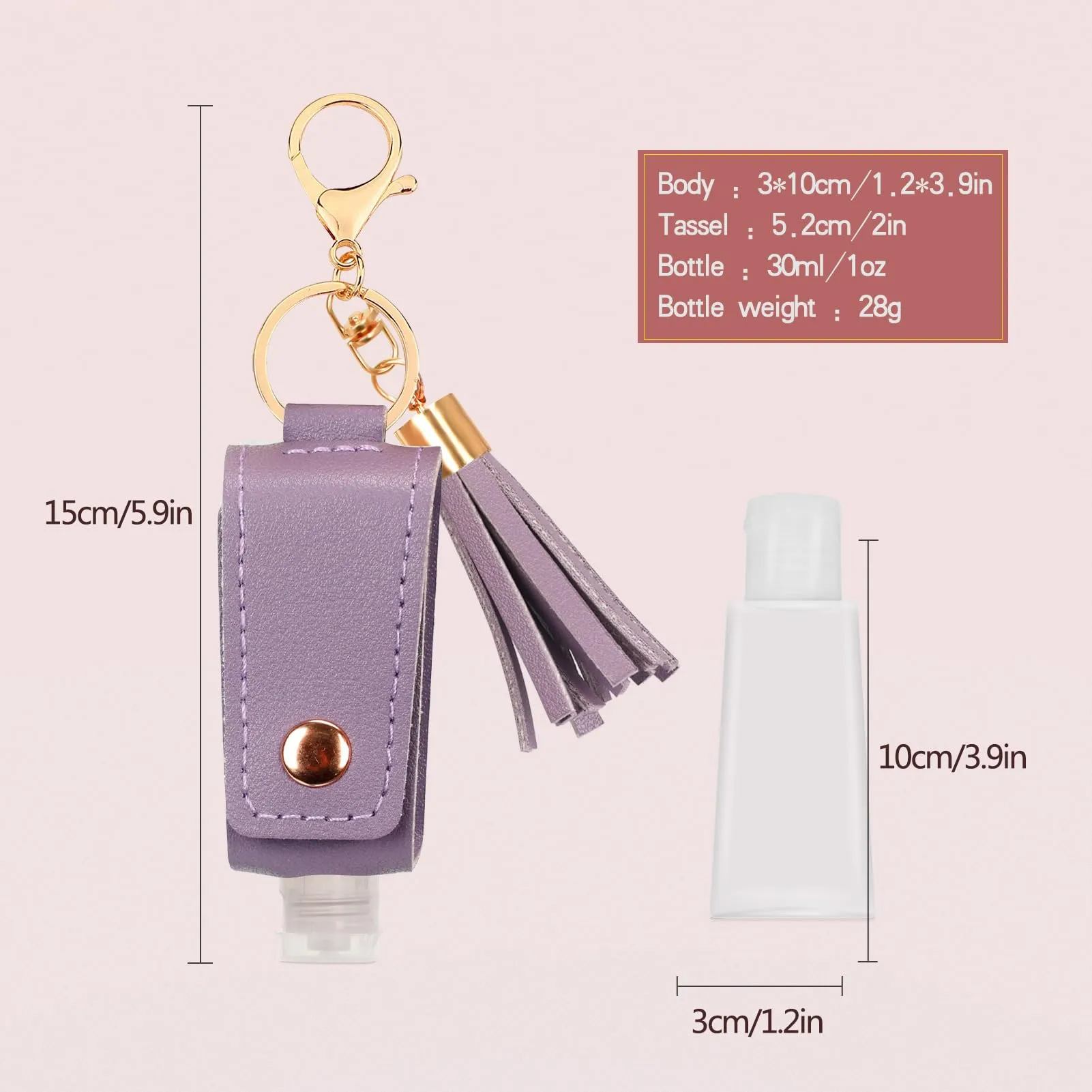 Unaone 1oz/30ml Hand Sanitizer Holder Travel Size, Empty Bottle Leather Sanitizer Holder with Keychain Portable Small Squeeze Bottle Refillable Container for Toiletry Lotion Liquid Soap Shampoo Purple