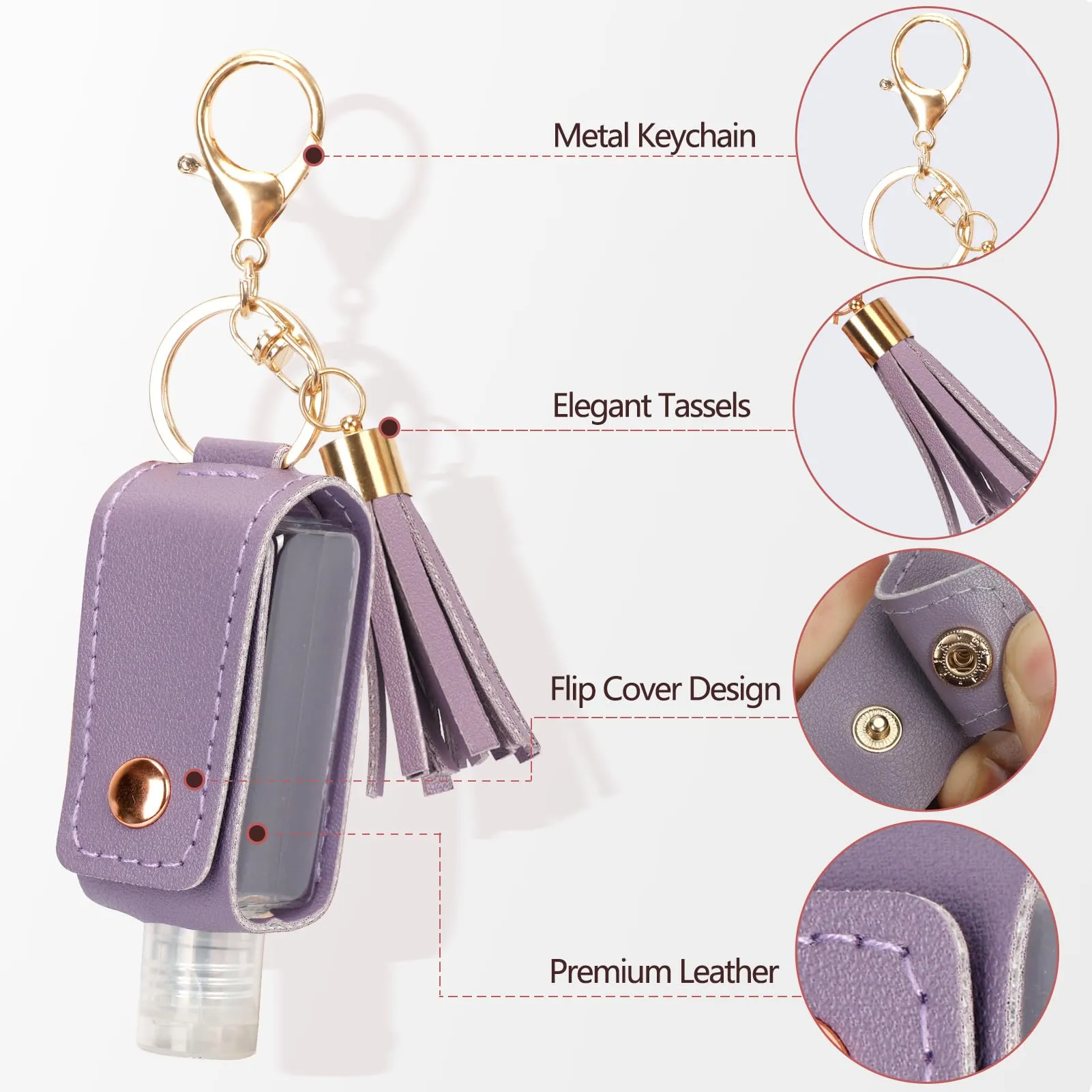 Unaone 1oz/30ml Hand Sanitizer Holder Travel Size, Empty Bottle Leather Sanitizer Holder with Keychain Portable Small Squeeze Bottle Refillable Container for Toiletry Lotion Liquid Soap Shampoo Purple
