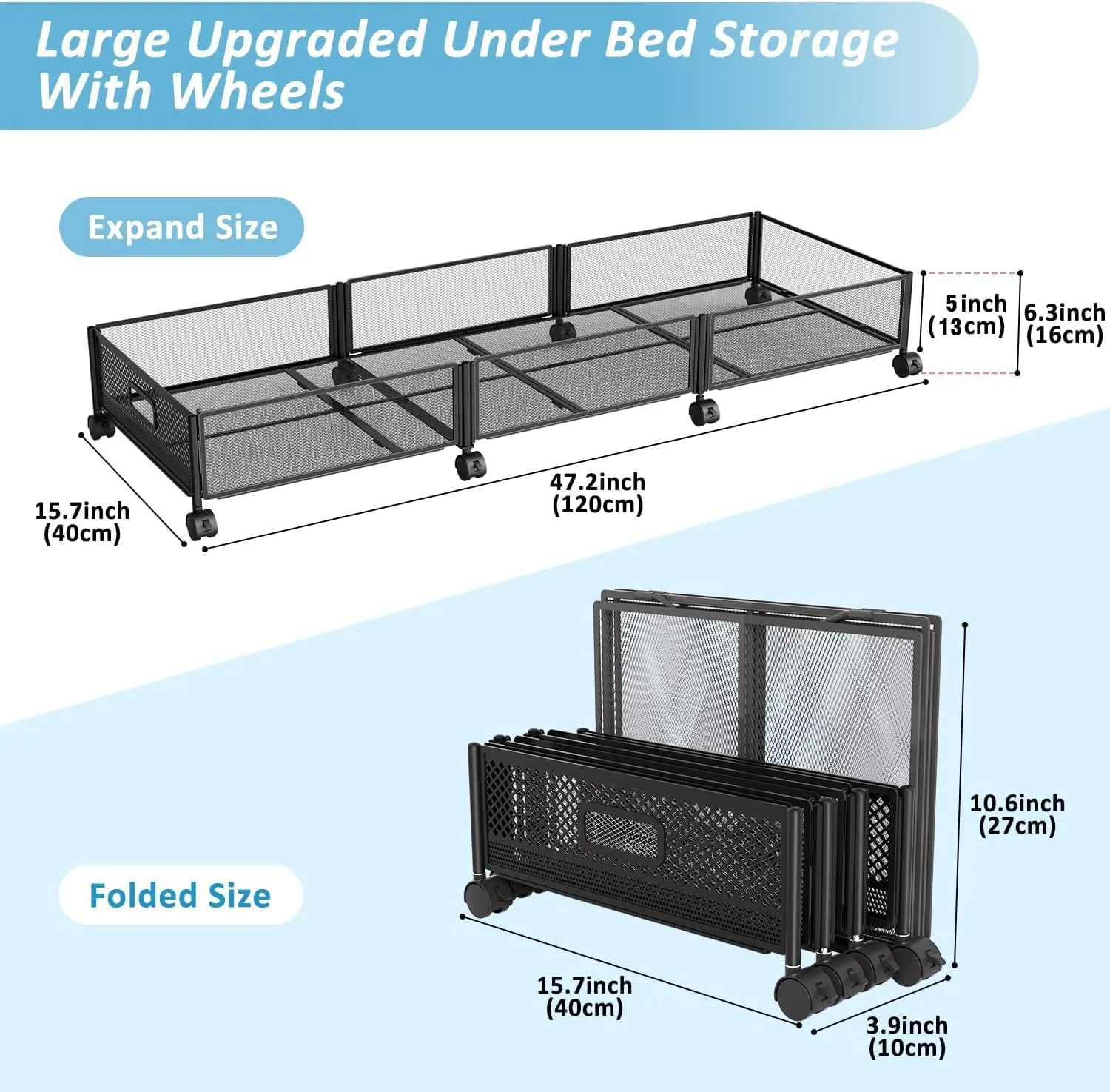Under Bed Storage with Wheels 47.2"(L),57.6L Large Rolling Under Bed Storage, Metal Underbed Containers on Wheels, Tool-Free Assembly Foldable Metal Underbed Drawers for Shoes Clothes Toys