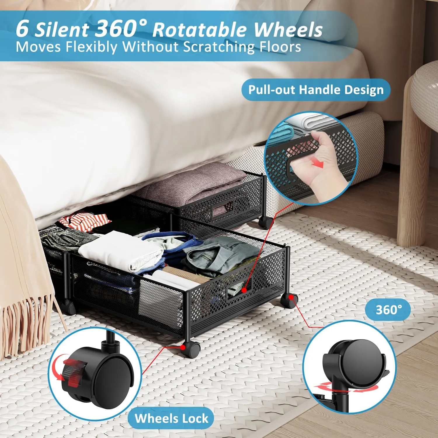 Under Bed Storage with Wheels 47.2"(L),57.6L Large Rolling Under Bed Storage, Metal Underbed Containers on Wheels, Tool-Free Assembly Foldable Metal Underbed Drawers for Shoes Clothes Toys