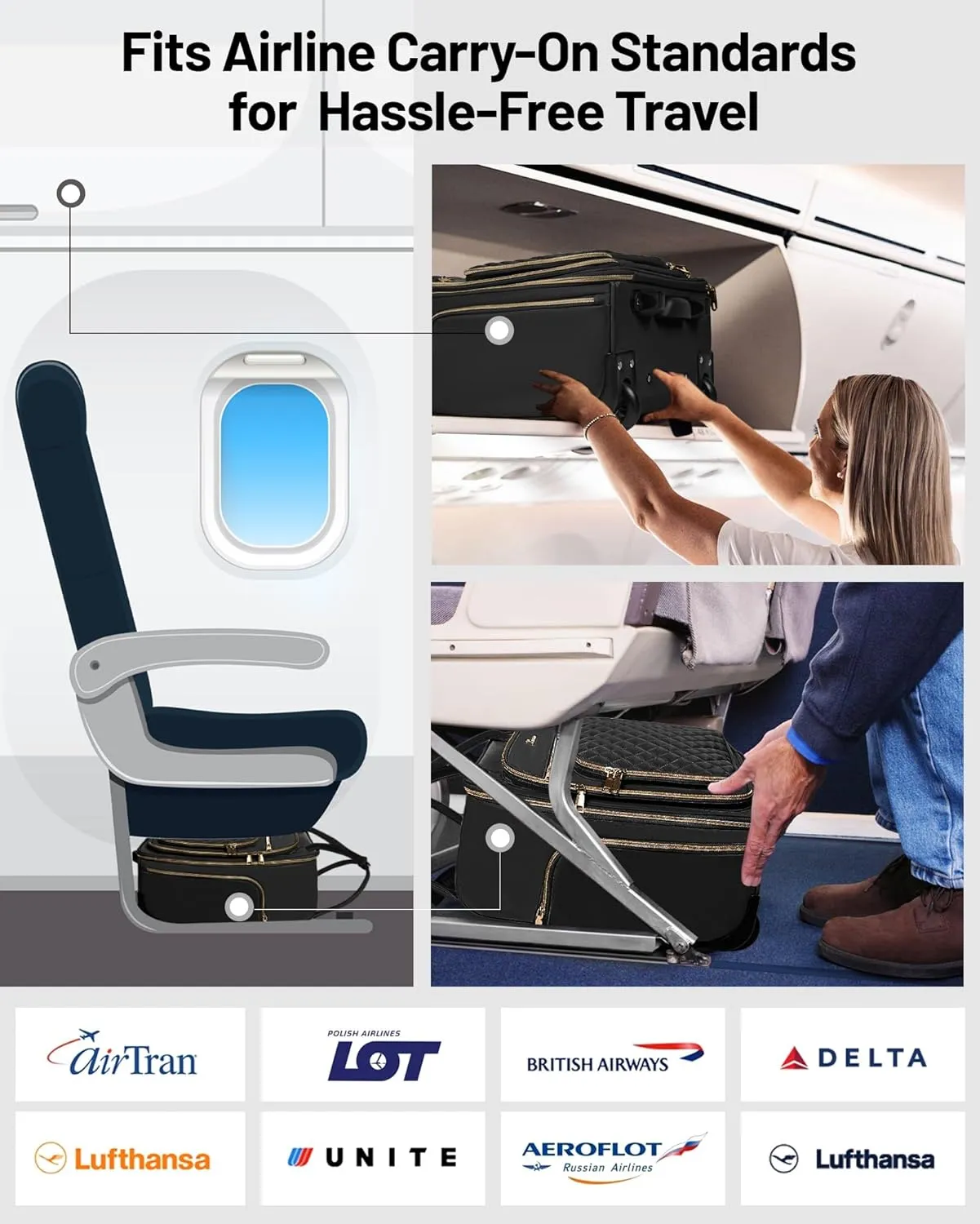 Under Seat Luggage with Wheels for Women Men, Airline Approved Underseat Carry on Luggage for Airplanes, Small Personal Item Travel Bag for Short Trip
