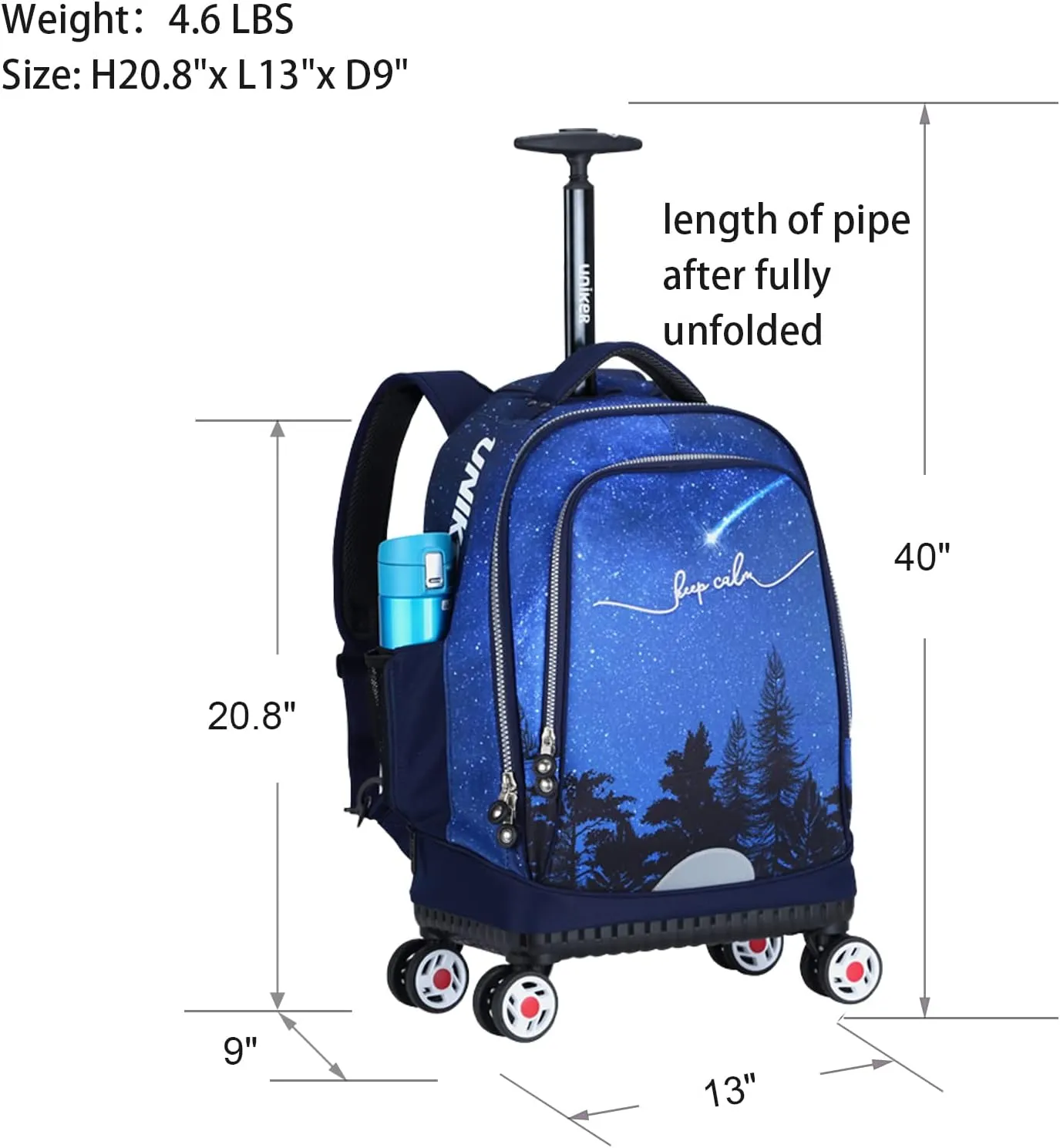 UNIKER Rolling Backpack with Wheels for Travel, Roller Backpack for Women, Wheeled Laptop Bag Fits 15.6 Inch Notebook