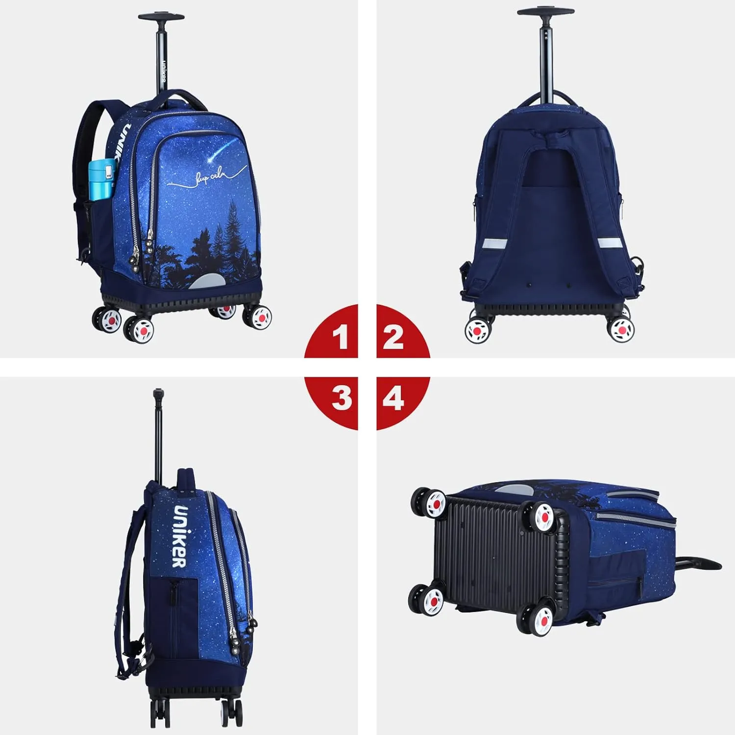 UNIKER Rolling Backpack with Wheels for Travel, Roller Backpack for Women, Wheeled Laptop Bag Fits 15.6 Inch Notebook