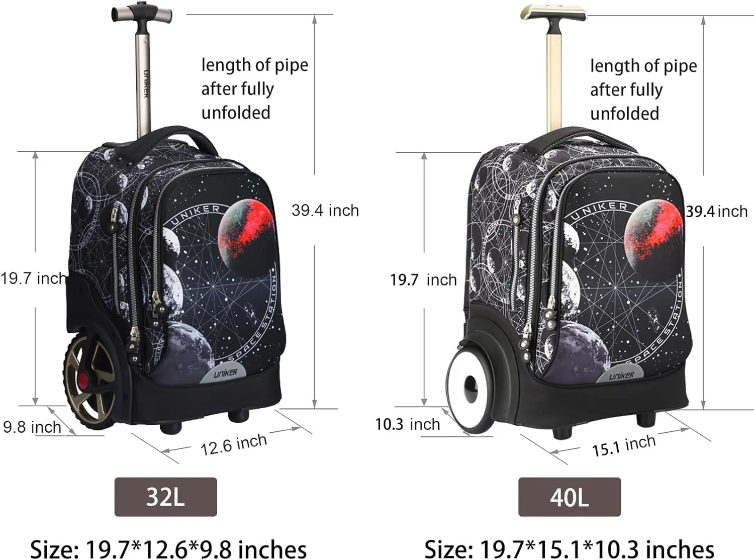 UNIKER Rolling Bag witth Wheels, 40L Water Resistant Wheeled Laptop Backpack, Silent Wheel Travel Backpack for Women Men, T5- Space Station