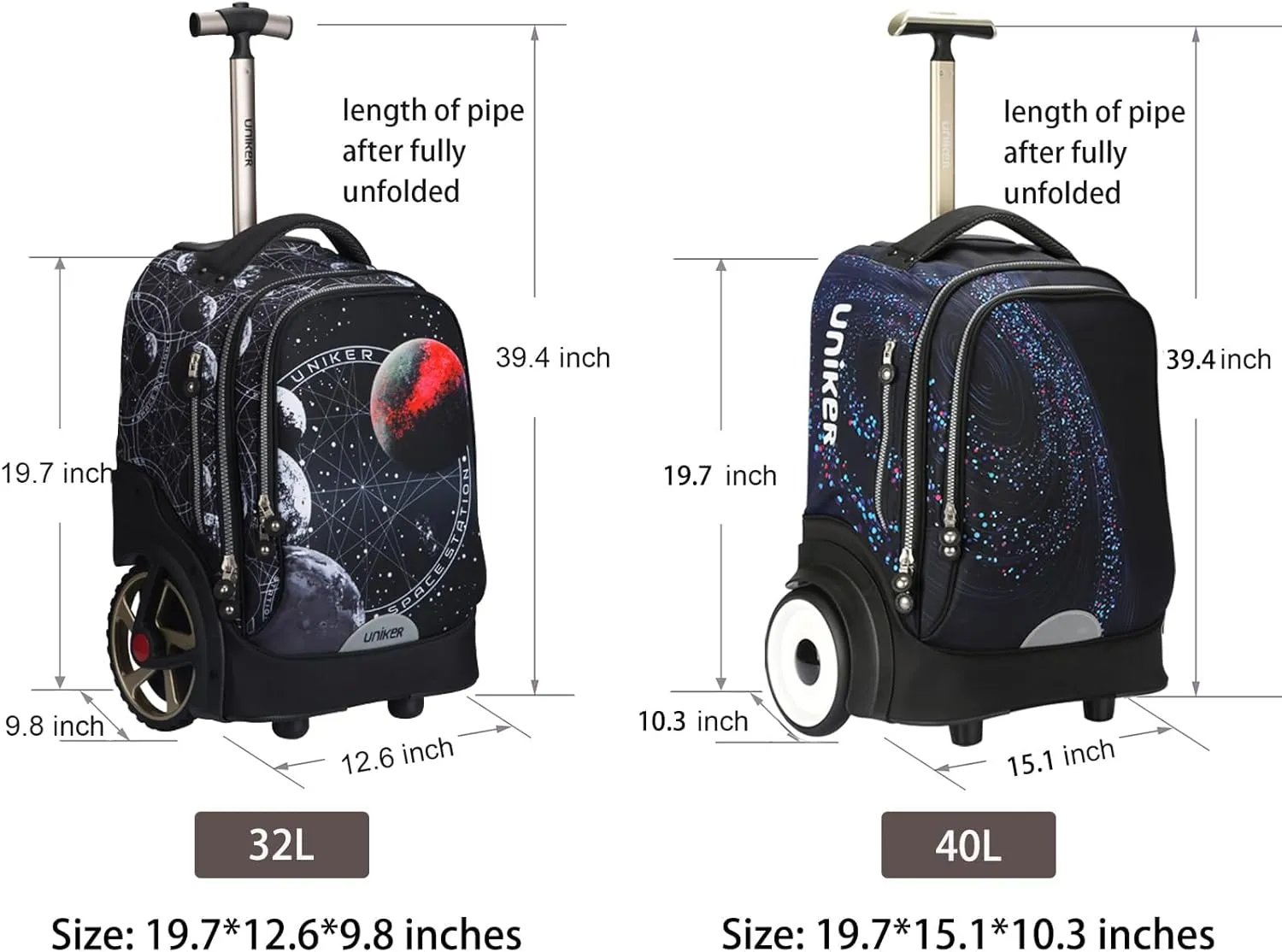 UNIKER Rolling Bag witth Wheels, 40L Water Resistant Wheeled Laptop Backpack, Silent Wheel Travel Backpack for Women Men,T5- Galaxy