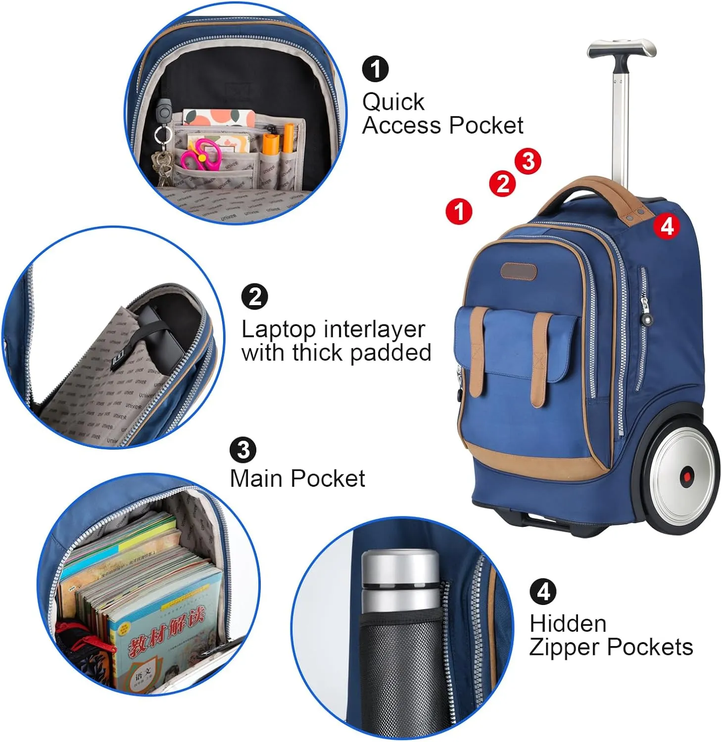 UNIKER Rolling Laptop Bag for 14 Inch Laptop,Roller Bag,Backpack with Wheels,20 Inch Wheeled Computer Bag (Blue)