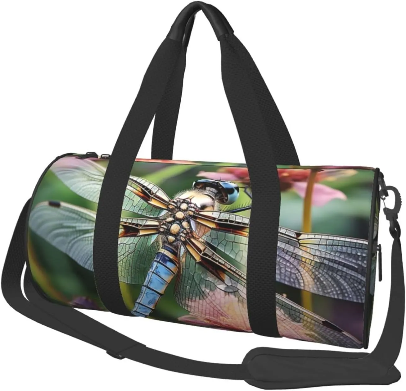 UNIOND Travel Duffle Bag Lightweight Sports Gym Bag for Men Women Foldable Carry on Weekender Overnight Bag Dragonfly Insects Flowers Canvas Sport Duffel Bag for Yoga Business Trip, Black