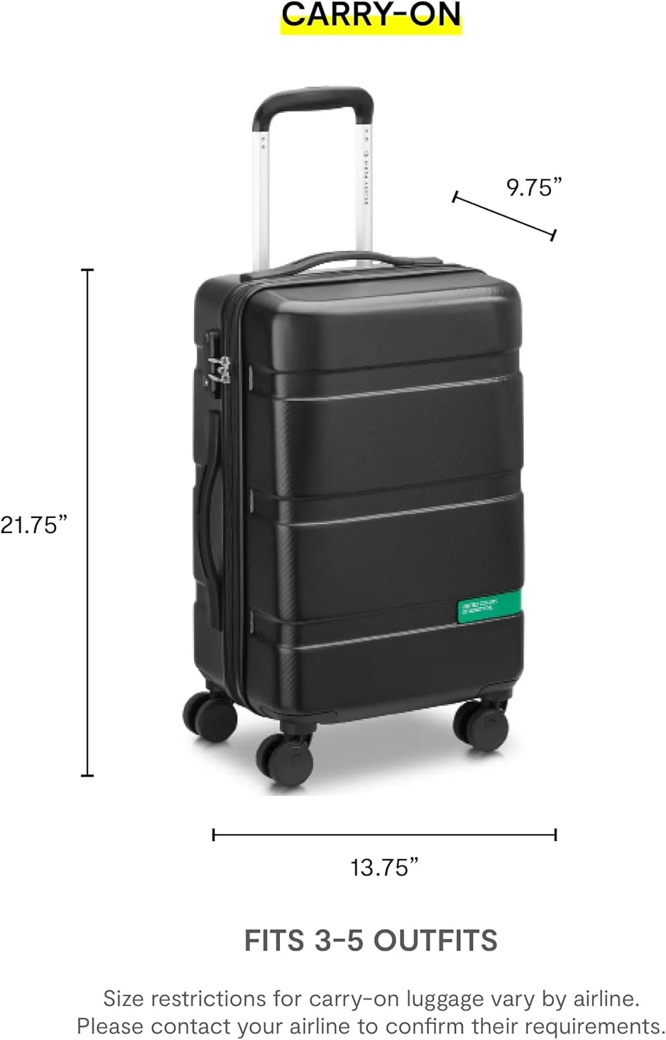 United Colors of Benetton Now Hardside Luggage with Spinner Wheels, Black, Carry-On 19 Inch