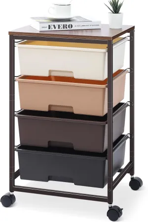 Utility Cart with 4 Drawers,Rolling Storage Cart with Drawers,Storage Rolling Drawer Cart,Brown