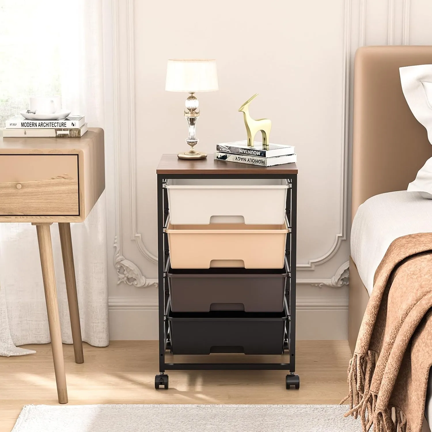 Utility Cart with 4 Drawers,Rolling Storage Cart with Drawers,Storage Rolling Drawer Cart,Brown