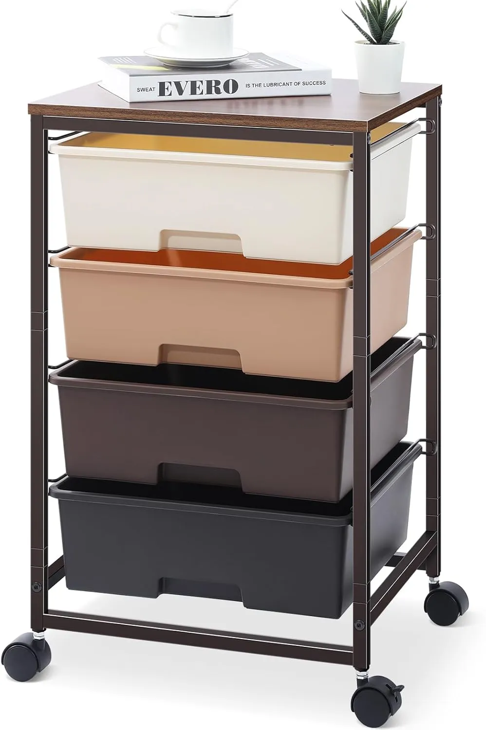 Utility Cart with 4 Drawers,Rolling Storage Cart with Drawers,Storage Rolling Drawer Cart,Brown
