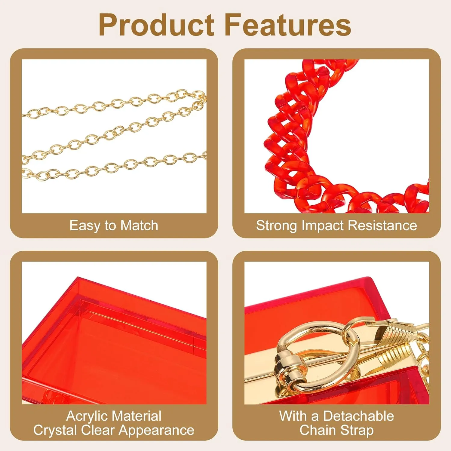 uxcell Women Acrylic Clear Clutch Purses Square Evening Handbag Crossbody Bag with Chain for Wedding Prom Party