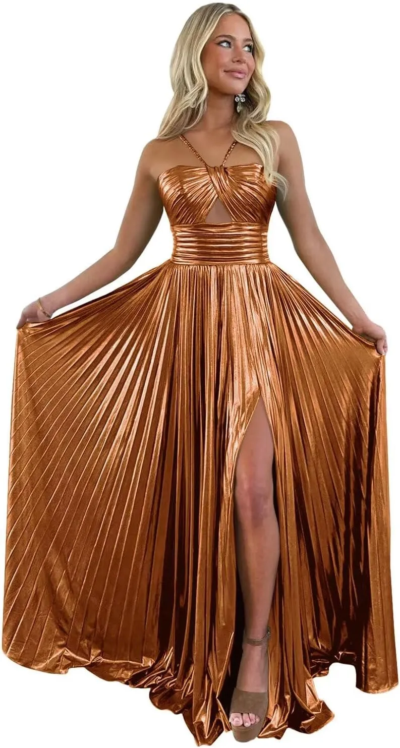 UZN Sparkly Satin Prom Dresses Long Spaghetti Straps Keyhole with Split Formal Party Gowns