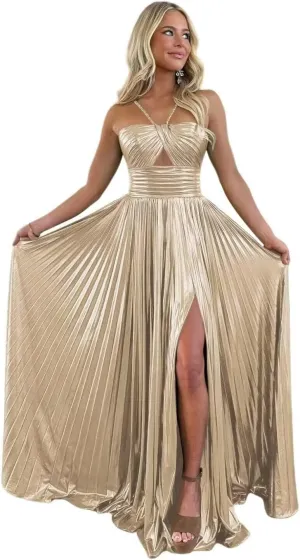 UZN Sparkly Satin Prom Dresses Long Spaghetti Straps Keyhole with Split Formal Party Gowns