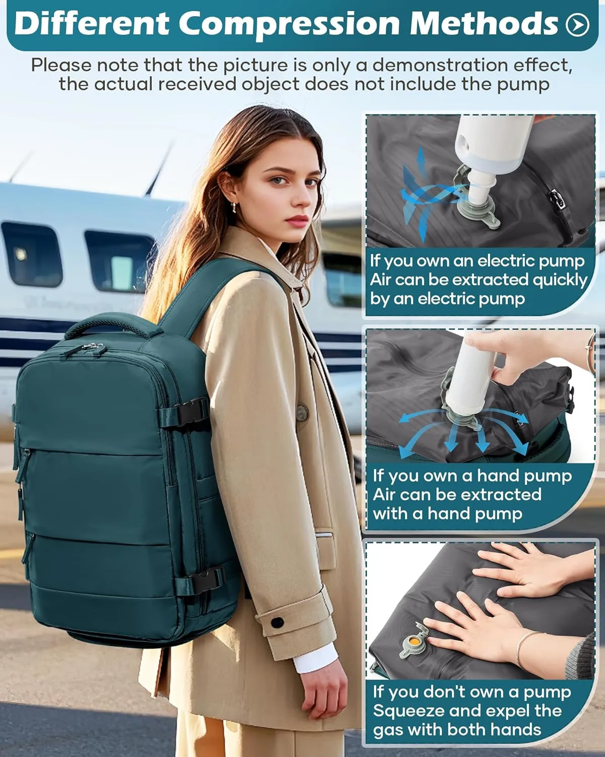Vacuum Backpack Travel Laptop Backpacks For Women Men Carry On Backpack With Vacuum Compression Bags Seal Packing Personal Item Travel Bag Airback Backpacks Without Pump Peacock Blue