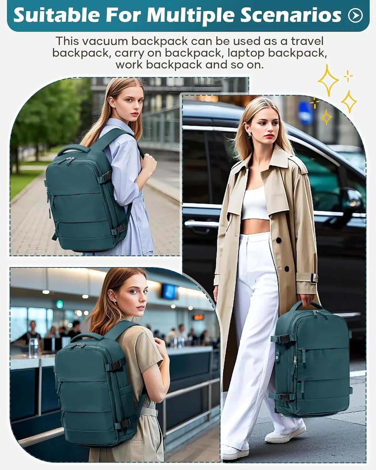 Vacuum Backpack Travel Laptop Backpacks For Women Men Carry On Backpack With Vacuum Compression Bags Seal Packing Personal Item Travel Bag Airback Backpacks Without Pump Peacock Blue