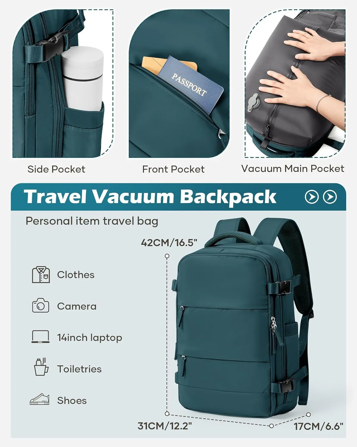 Vacuum Backpack Travel Laptop Backpacks For Women Men Carry On Backpack With Vacuum Compression Bags Seal Packing Personal Item Travel Bag Airback Backpacks Without Pump Peacock Blue