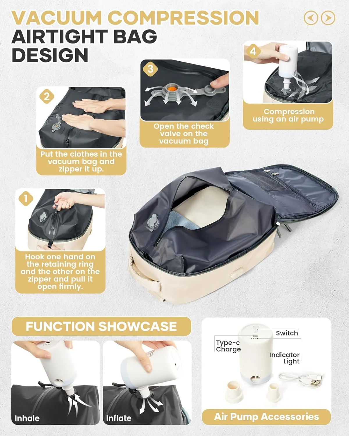 Vacuum Seal Backpack for Travel with Air Pump Vacpack Airback Carry on Flight Approved Compression Daypack Laptop Space Saver Bags Storage with Vacuum System 18x14x8 inches Travel Bag Women BeigeGreen