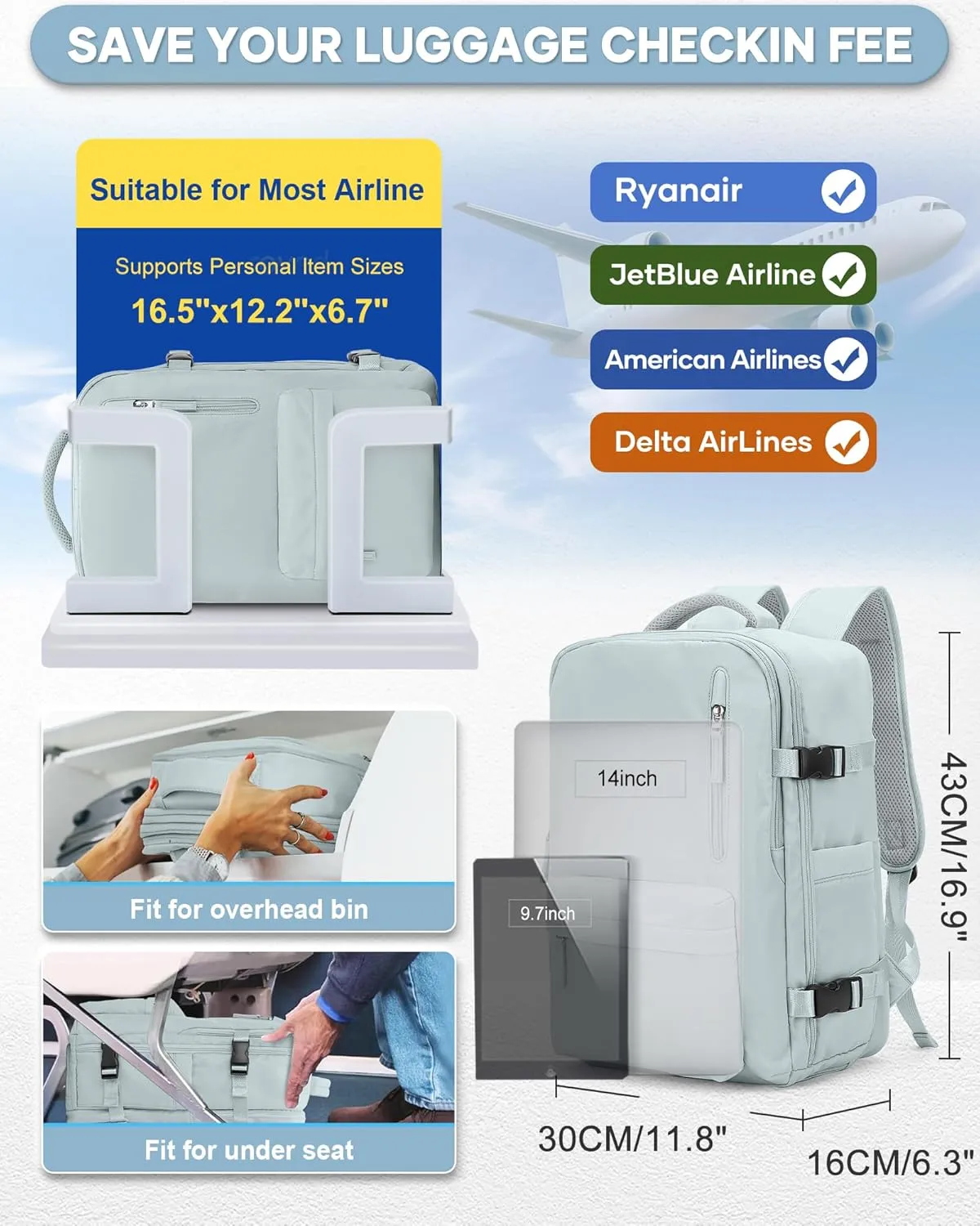 Vacuum Seal Compression Travel Backpack with Pump for Women Men Airback Vacpack laptop Backpacks with Shoe Compartment Vacuum Seal Packing Carry on Backpack for Airplanes College Casual Daypack Blue
