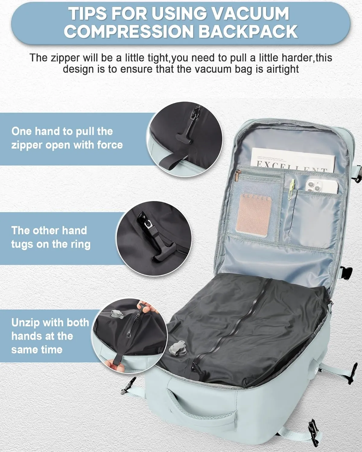 Vacuum Seal Compression Travel Backpack with Pump for Women Men Airback Vacpack laptop Backpacks with Shoe Compartment Vacuum Seal Packing Carry on Backpack for Airplanes College Casual Daypack Blue
