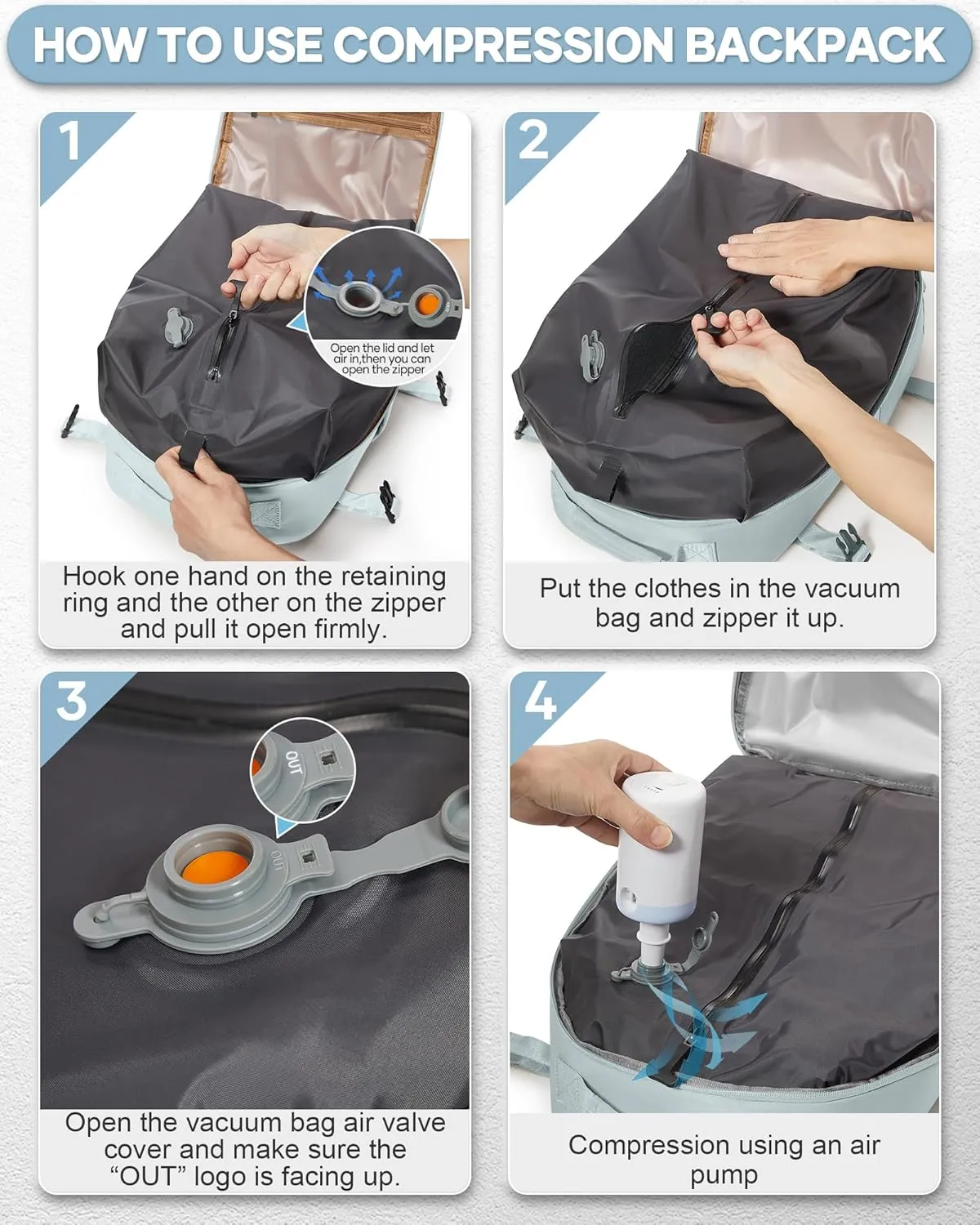 Vacuum Seal Compression Travel Backpack with Pump for Women Men Airback Vacpack laptop Backpacks with Shoe Compartment Vacuum Seal Packing Carry on Backpack for Airplanes College Casual Daypack Blue