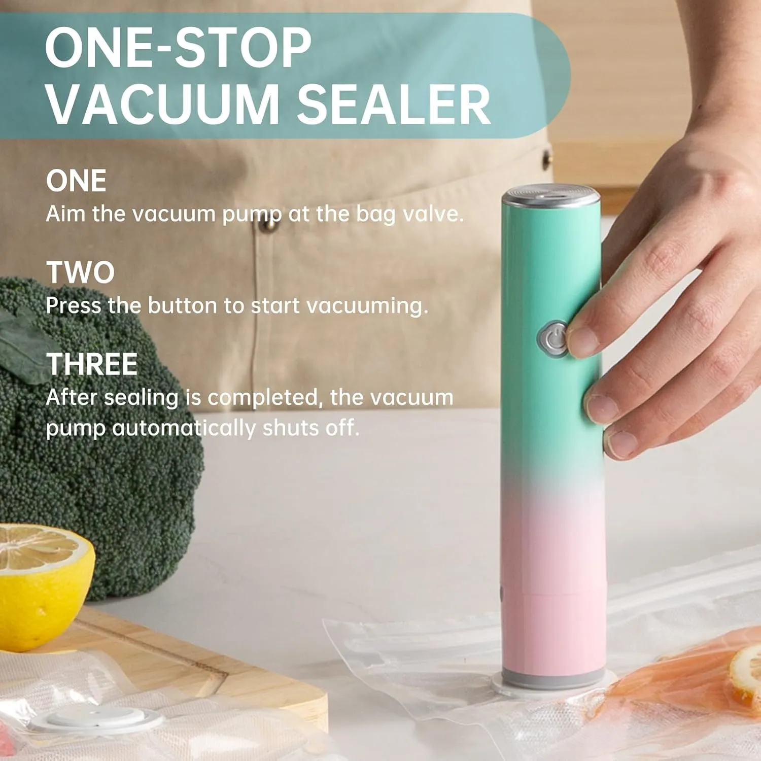 Vacuum Sealer, Handheld Compact Vacuum Sealer, Vacuum Pump for Food Fresh & Save Meal Prep Sous Vide, Portable Cordless Sealer Machine for Travel, with 22 Reusable Vacuum Bags, Green