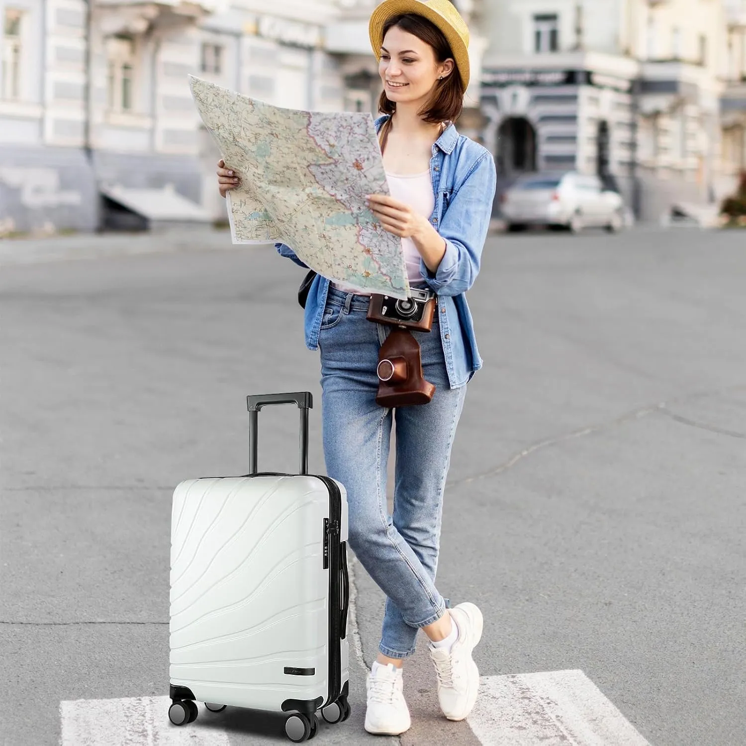 VANKEAN Carry On Luggage with Spinner Wheels & TSA Lock, Expandable Fashionable Hard Shell Suitcase airline approved，20 Inch Carry-On，White