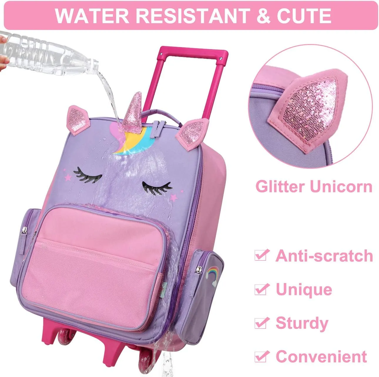 VASCHY Rolling Luggage for Kids, Cute Travel Carry on Suitcase for Girls/Toddlers/Children with Wheels 18inch Unicorn