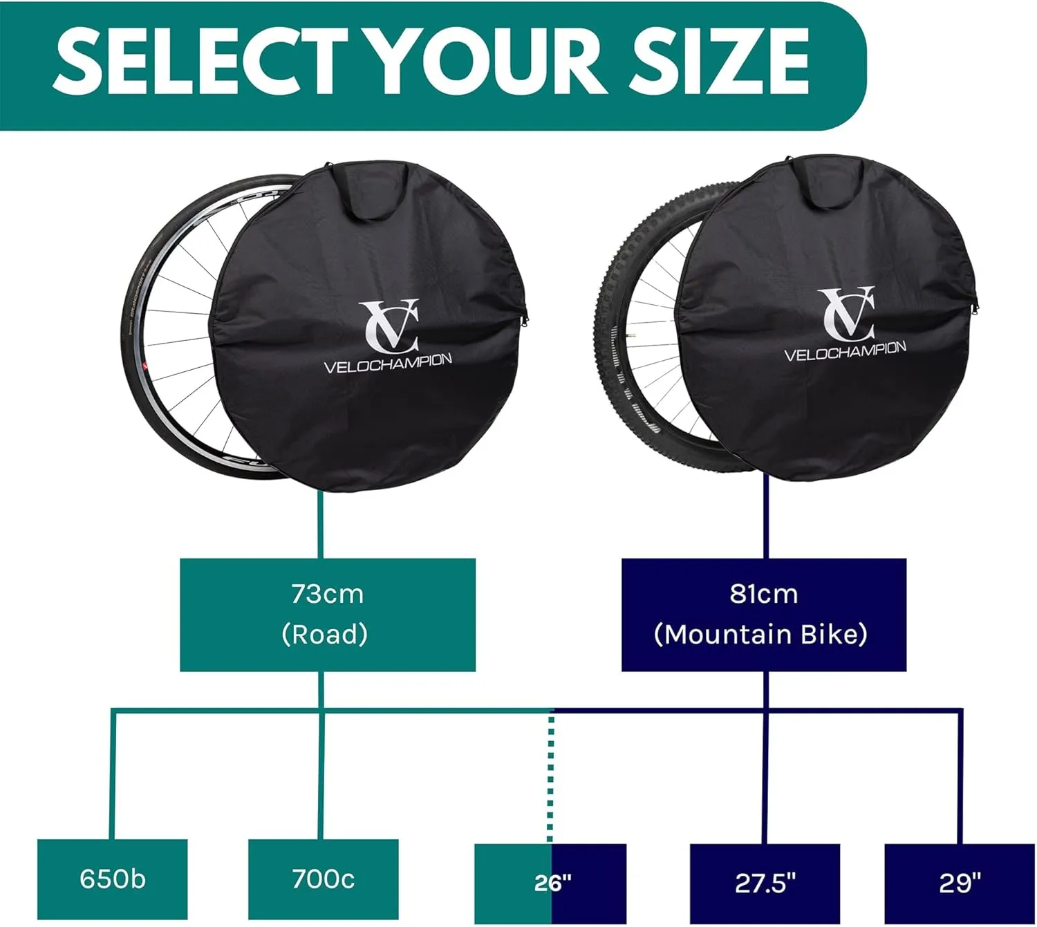 VeloChampion Waterproof Bicycle Wheel Bag Storage Cover | Mountain, Road or Gravel Bike | 650b. 700c. 26” 27.5” 29” Bicycle Wheelset Transport Travel Case (Black, 31.8" (MTB) x2)