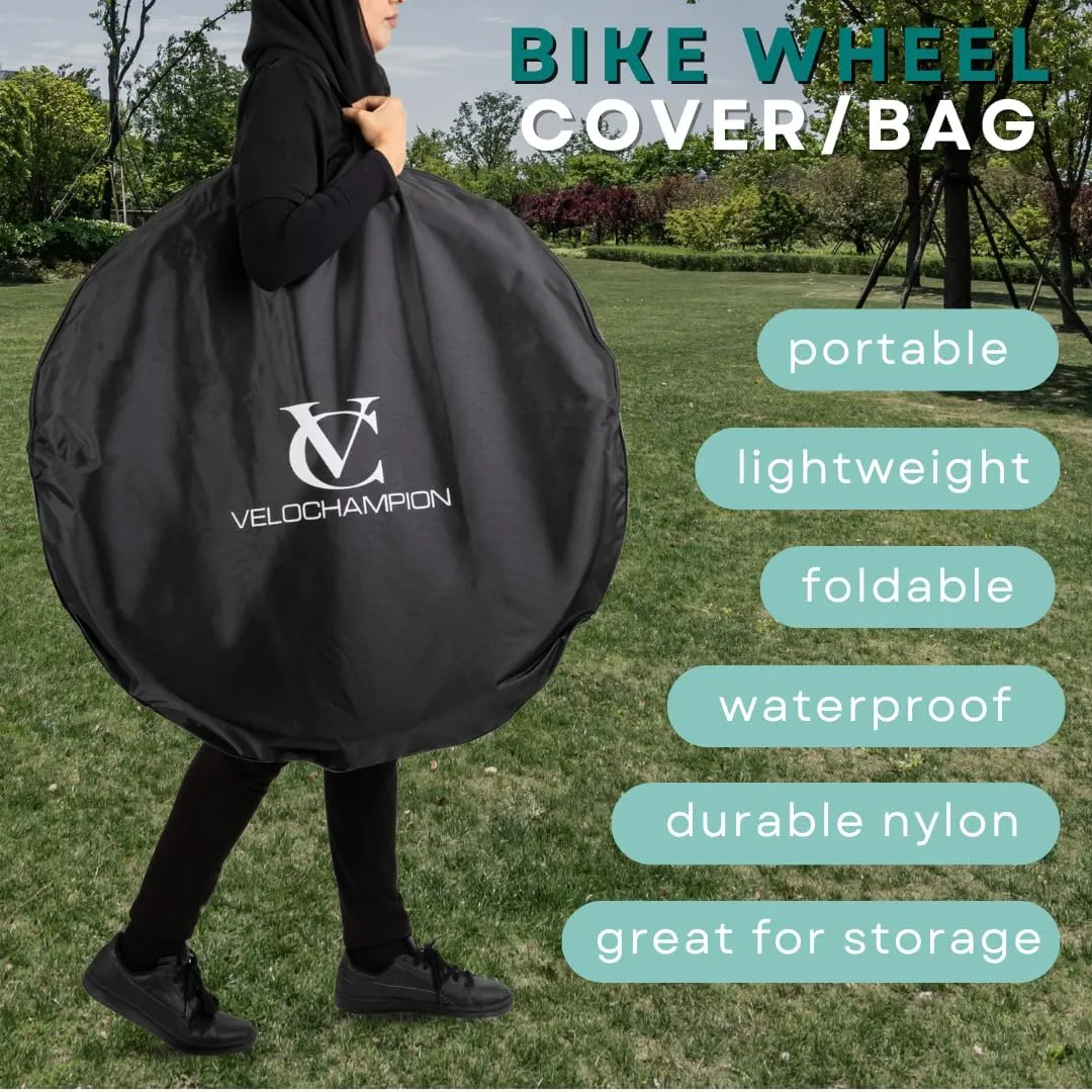 VeloChampion Waterproof Bicycle Wheel Bag Storage Cover | Mountain, Road or Gravel Bike | 650b. 700c. 26” 27.5” 29” Bicycle Wheelset Transport Travel Case (Black, 31.8" (MTB) x2)