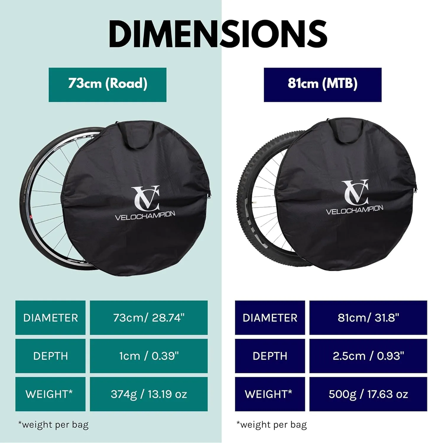VeloChampion Waterproof Bicycle Wheel Bag Storage Cover | Mountain, Road or Gravel Bike | 650b. 700c. 26” 27.5” 29” Bicycle Wheelset Transport Travel Case (Black, 31.8" (MTB) x2)