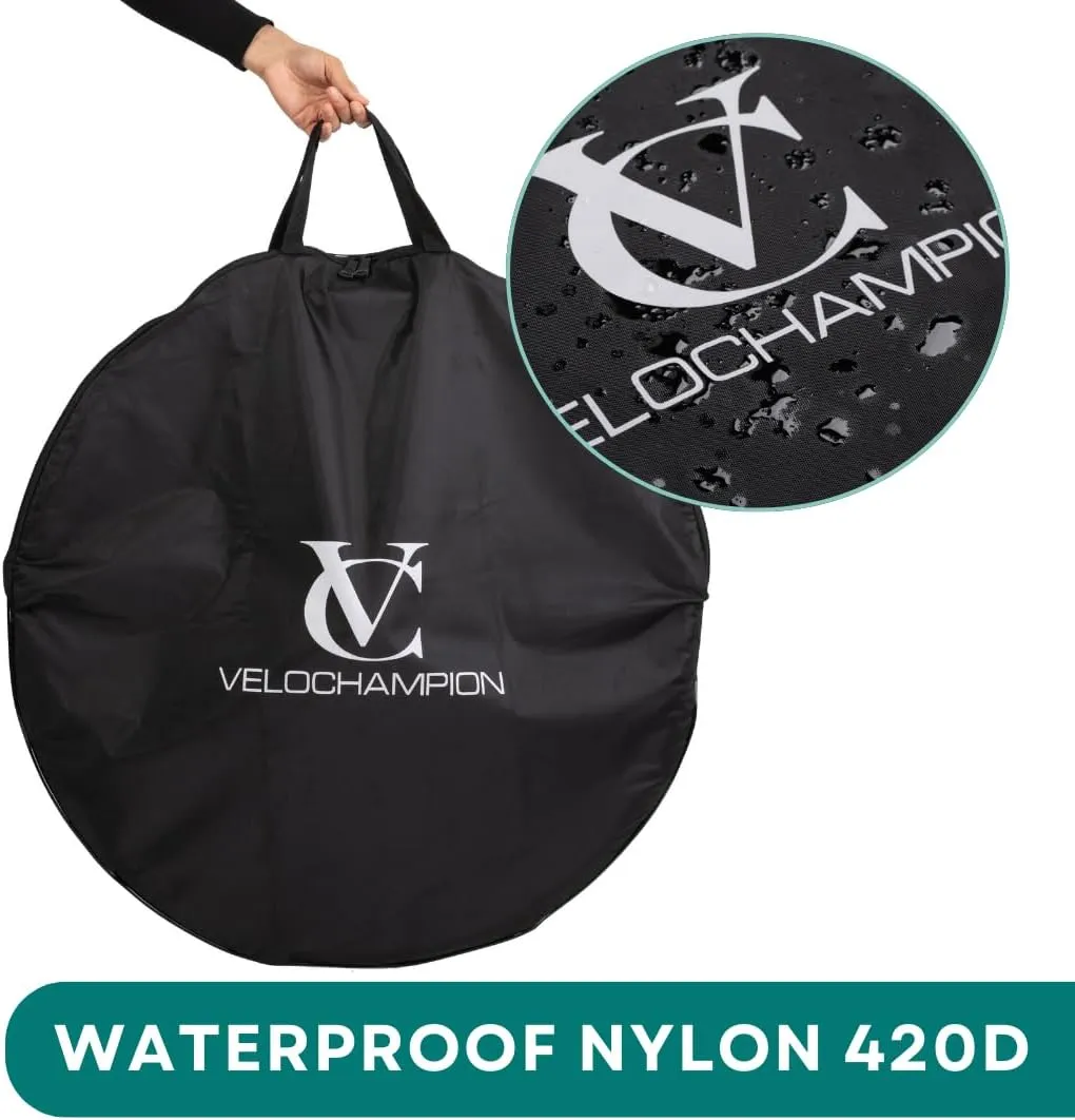 VeloChampion Waterproof Bicycle Wheel Bag Storage Cover | Mountain, Road or Gravel Bike | 650b. 700c. 26” 27.5” 29” Bicycle Wheelset Transport Travel Case (Black, 31.8" (MTB) x2)