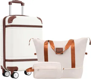 Versatile Hardshell Luggage Set with Carry-on Suitcase, Travel Duffel Bag, and Toiletry Bag, White