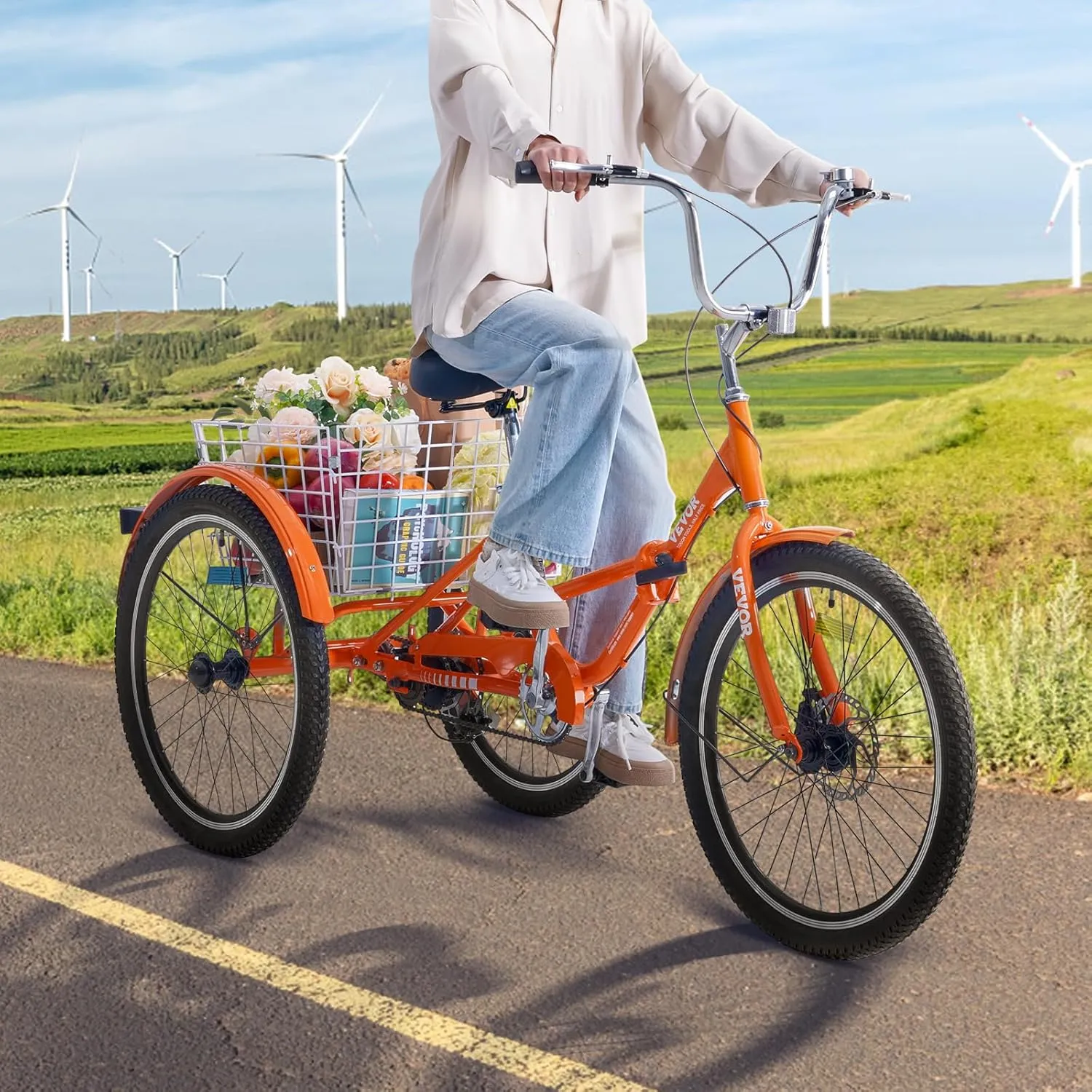 VEVOR Folding Adult Tricycle, Adult Folding Trikes, Carbon Steel 3 Wheel Tricycle with Large Basket & Adjustable Seat, Shopping Picnic Foldable Tricycles for Women, Men, Seniors