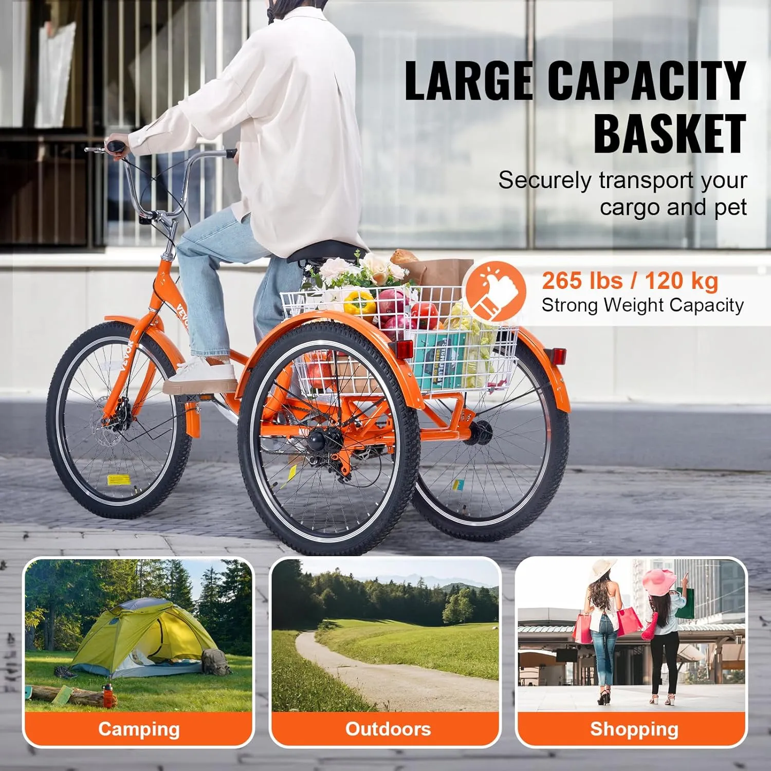 VEVOR Folding Adult Tricycle, Adult Folding Trikes, Carbon Steel 3 Wheel Tricycle with Large Basket & Adjustable Seat, Shopping Picnic Foldable Tricycles for Women, Men, Seniors