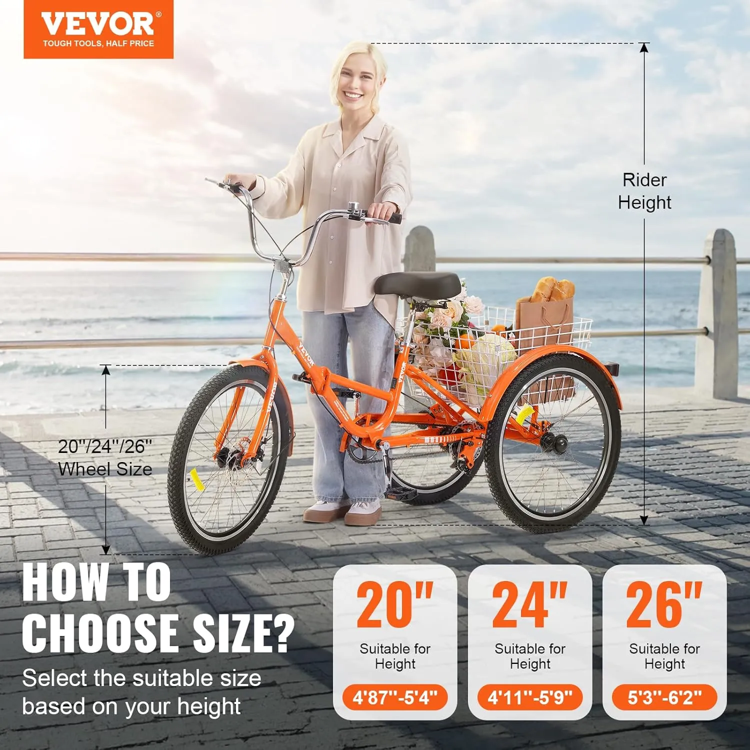 VEVOR Folding Adult Tricycle, Adult Folding Trikes, Carbon Steel 3 Wheel Tricycle with Large Basket & Adjustable Seat, Shopping Picnic Foldable Tricycles for Women, Men, Seniors