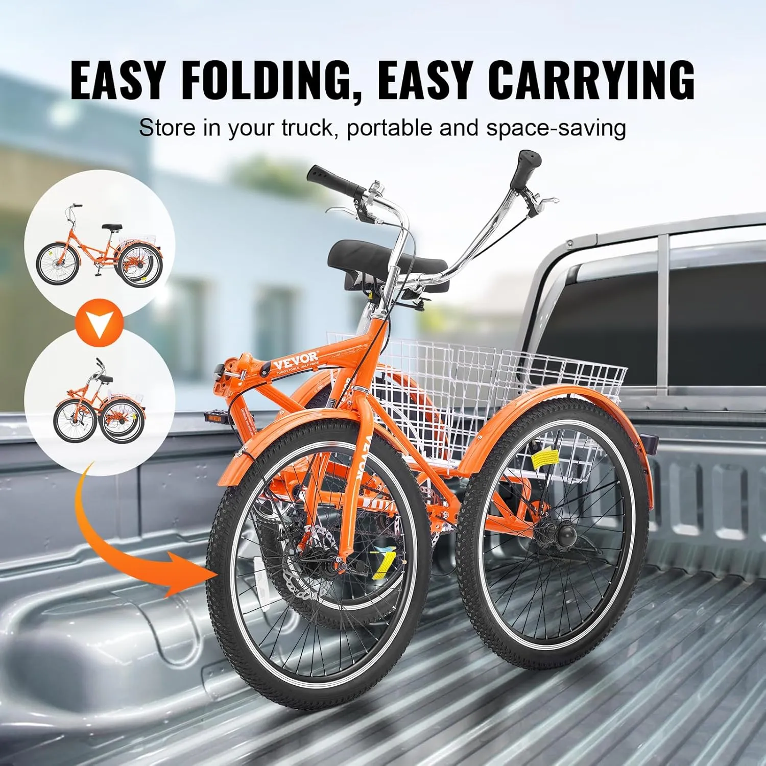 VEVOR Folding Adult Tricycle, Adult Folding Trikes, Carbon Steel 3 Wheel Tricycle with Large Basket & Adjustable Seat, Shopping Picnic Foldable Tricycles for Women, Men, Seniors