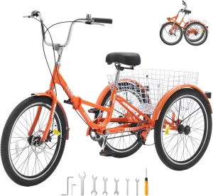 VEVOR Folding Adult Tricycle, Adult Folding Trikes, Carbon Steel 3 Wheel Tricycle with Large Basket & Adjustable Seat, Shopping Picnic Foldable Tricycles for Women, Men, Seniors