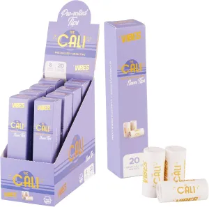 VIBES The Cali Pre-Rolled Tips - 8 Packs of 20 | Premium 11mm x 25mm Filter Tips for Smooth Rolling | Fits Standard 44mm & Fatty 53mm Wide Papers | Durable, Natural Filtration for Cleaner Smokes