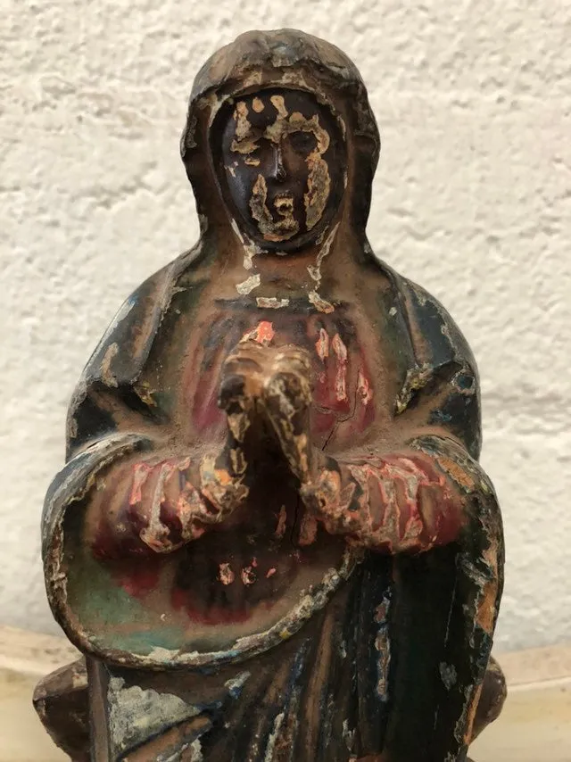 Vintage Antique Hand Carved Wood Madonna Religious Statue