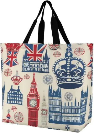 Vintage England London Big Ben Red Blue Crown Reusable Shopping Bag with Shoulder Straps Portable Collapsible Grocery Tote Bags