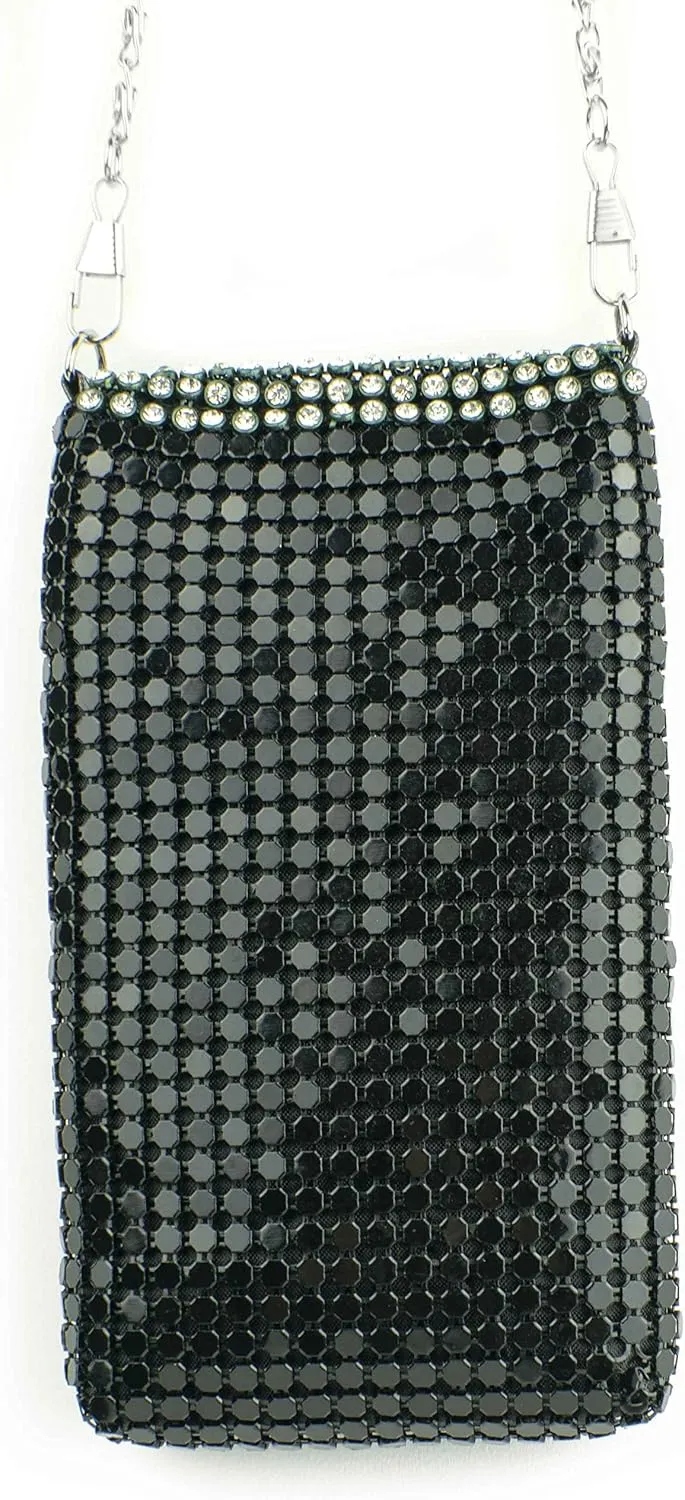 Vintage Luxuriant Soft Metallic Black Mesh Women's Cell Phone Shoulder Evening Purse