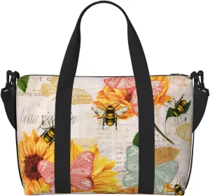 Vintage Newspaper Flower Travel Bag, Sunflower Butterfly Bee Weekender Overnight Bag, Shoulder Travel Duffel Bag Carry On Gym Bag for Women Men
