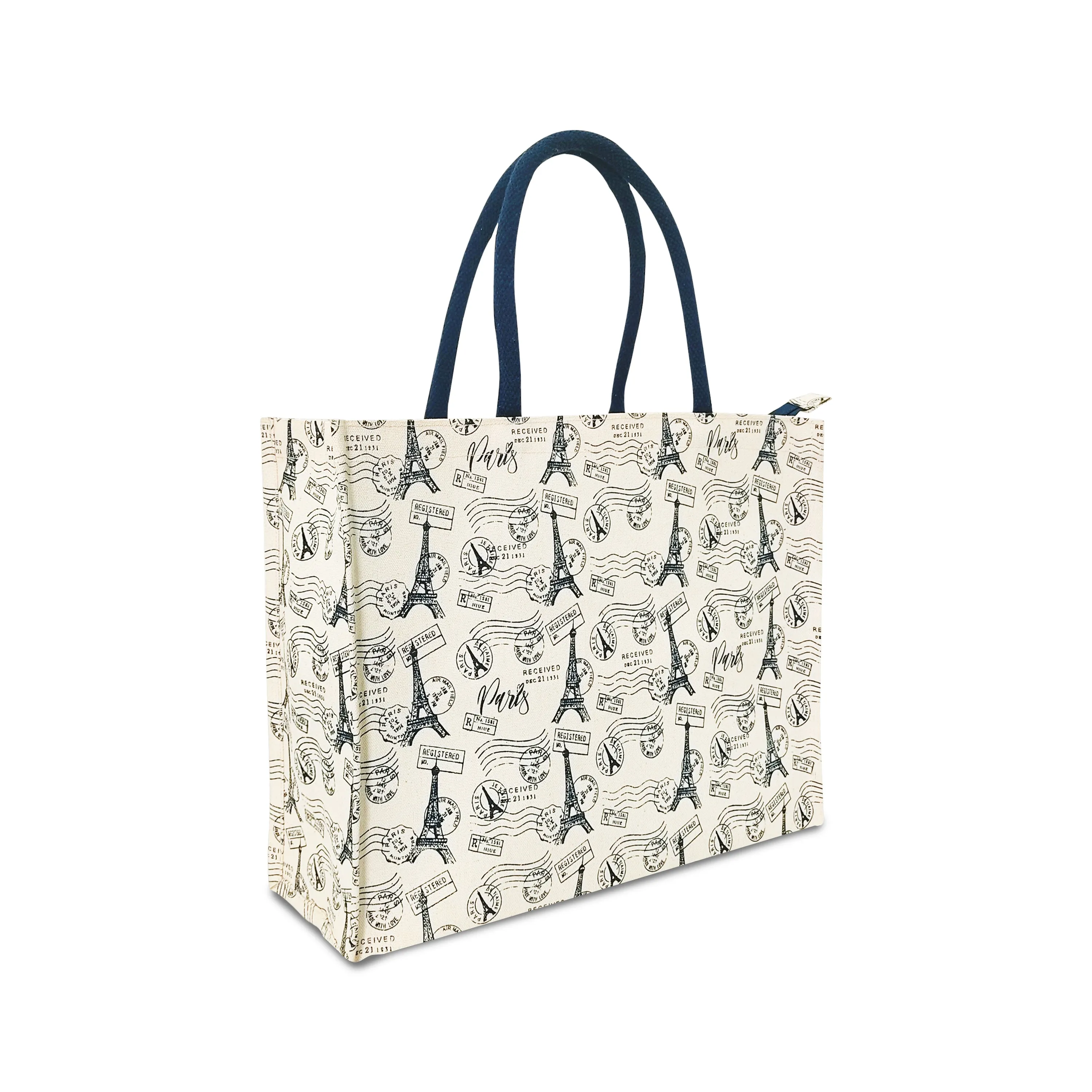 VINTAGE PARIS PRINT CANVAS BAG WITH ZIPPER